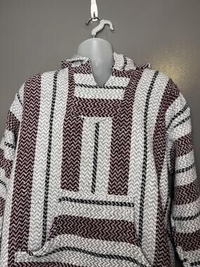Baja Joe Hoodie Mens Large Burgundy Striped Baja Knit Pullover Kangaroo Pocket